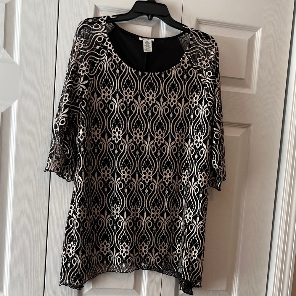 Brittany Black Scoop Neck Black Top with Gold Pattern